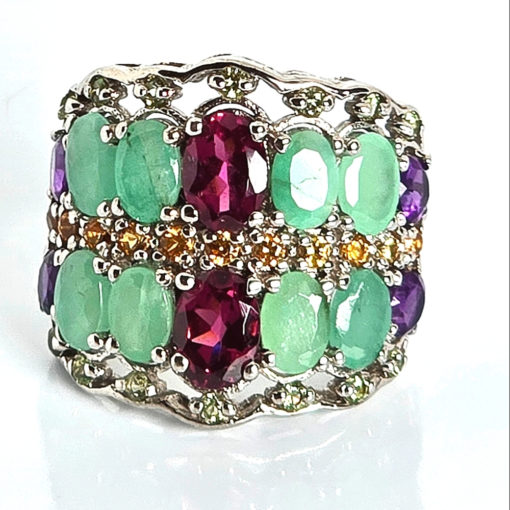Natural Rhodolite 7x5mm,‎ Amethyst, Emerald 925 Sterling Silver Ring  Sz 8.5 - Picture 5 of 8